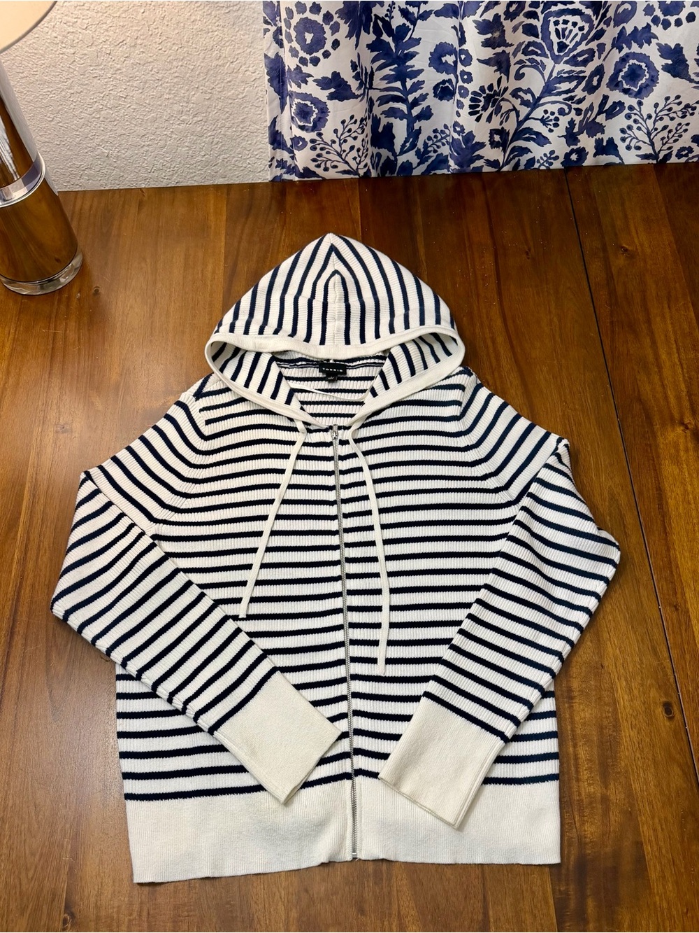 Torrid Striped Hooded Zip Sweater - White & Navy